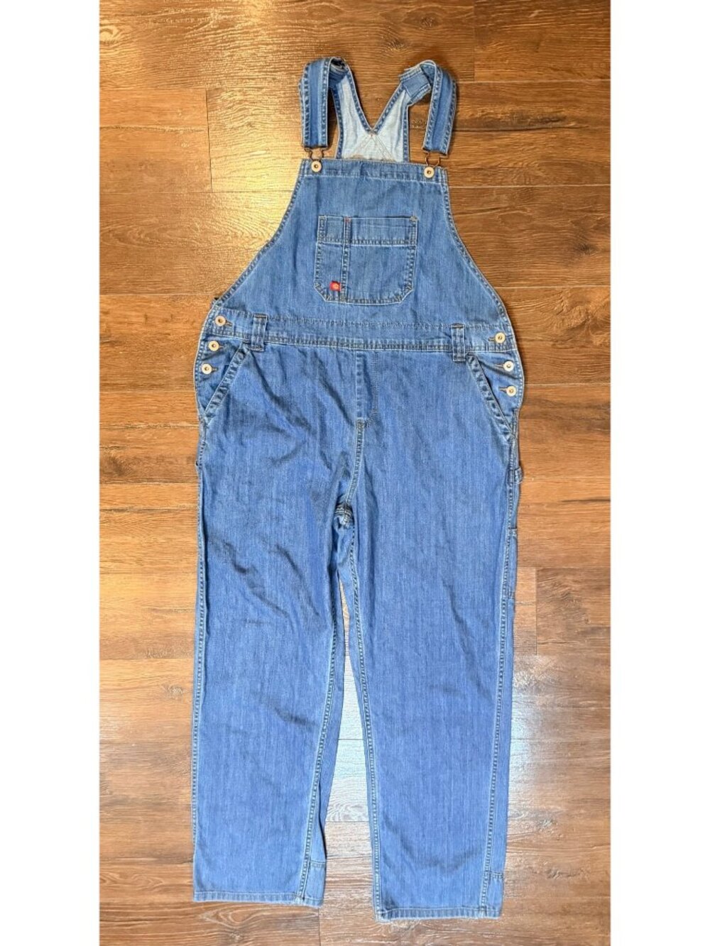 Vintage Dickies Blue Denim Bib Overalls Sz Large With Pockets & Adjustable Strap